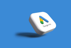 google ads icon on a white tile against a bright blue background